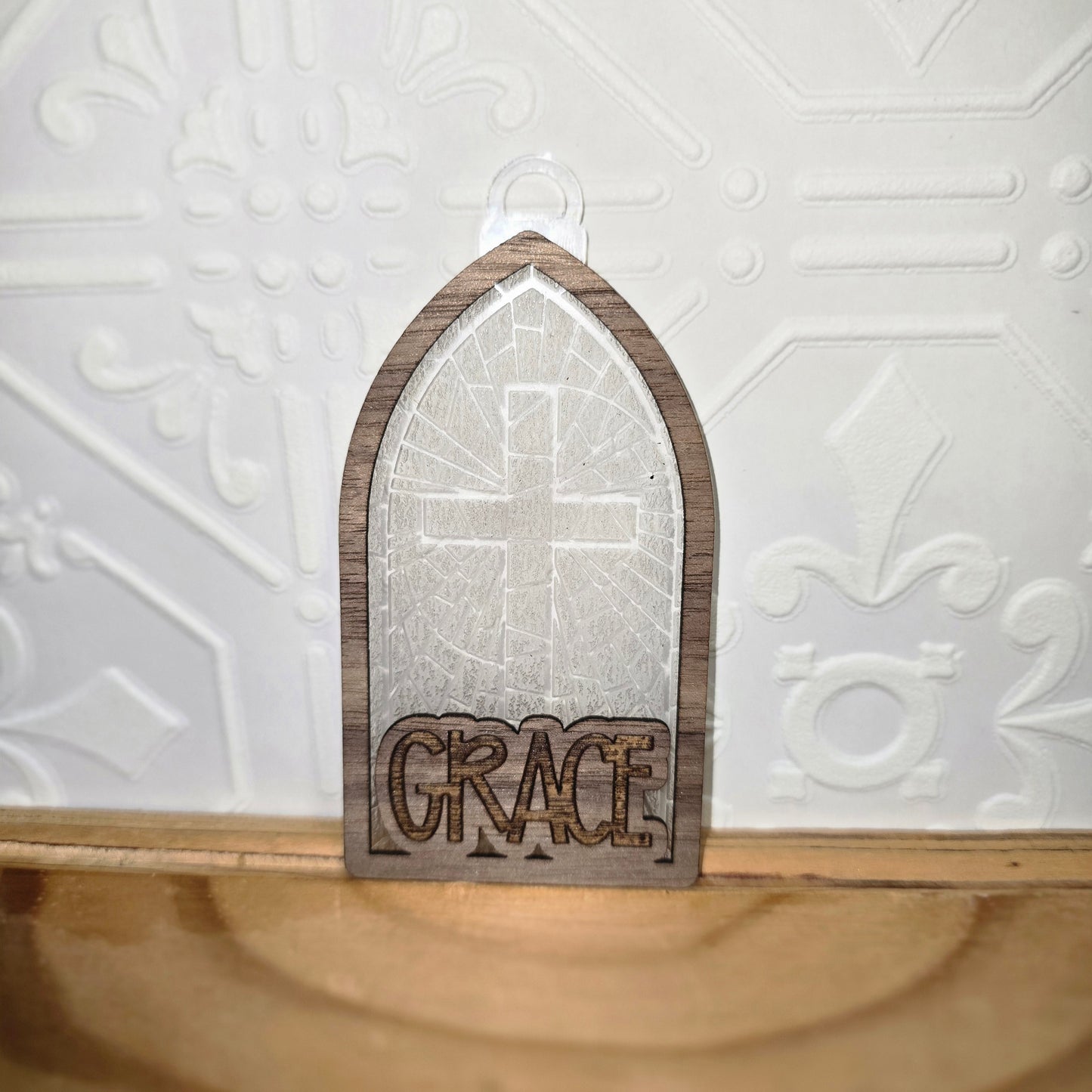 Stained glass cross chapel window ornament