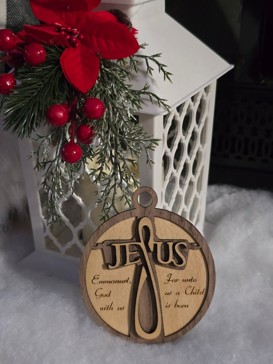 Layered Walnut & Birch Jesus Ornament