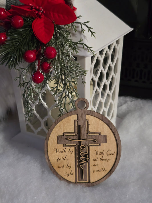 Layered Walnut & Birch Faith Ornament