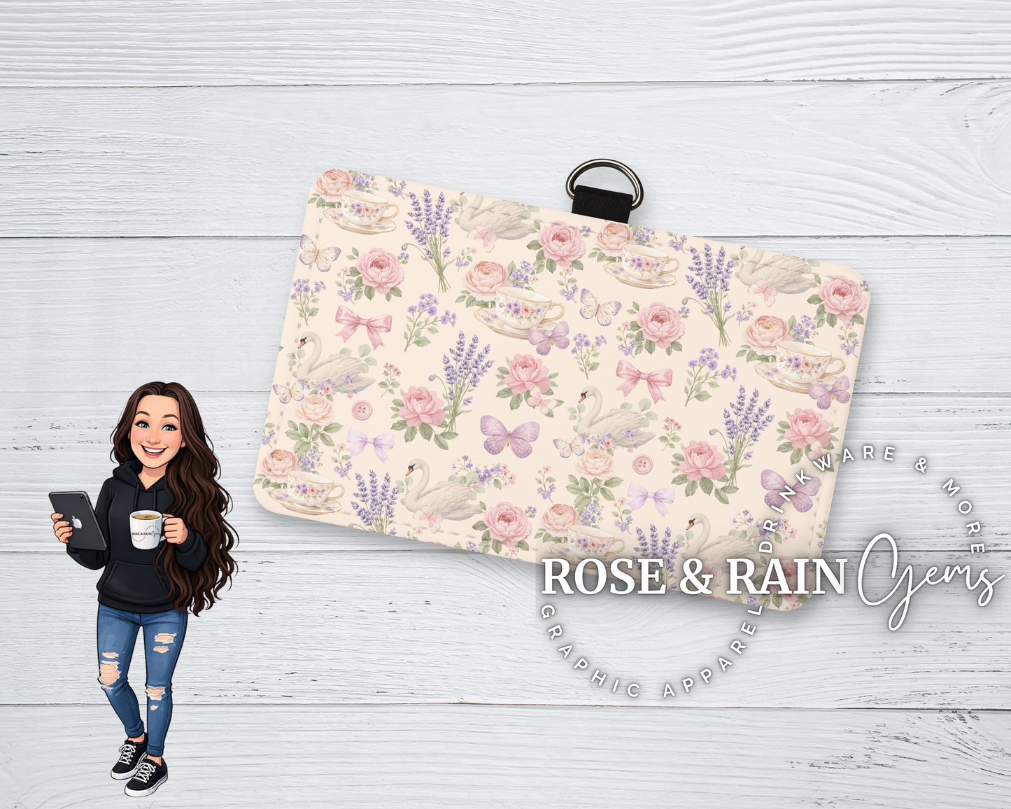 Vintage Rose Swan Tea Cup ID Badge Holder (horizontal)