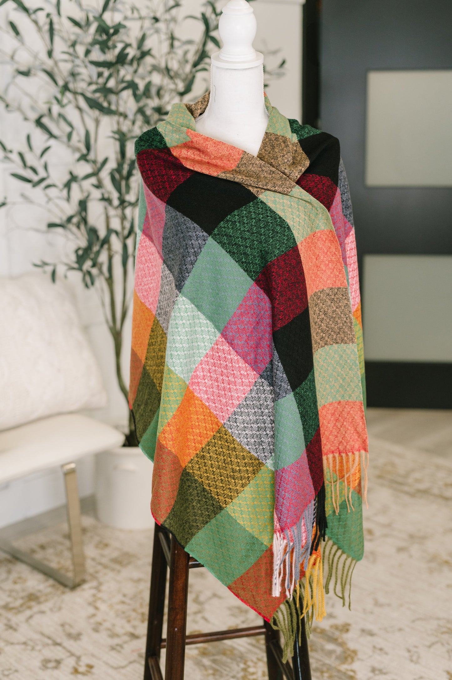 Keep Me Cozy Checkered Fringe Scarf in Berry
