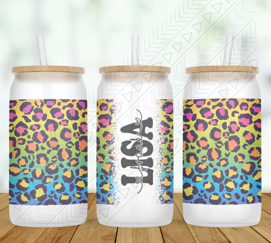 Colorful Leopard Print Personalized Glass Can